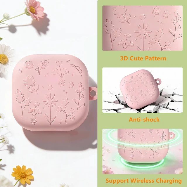 Alt view image 2 of 7 - for Samsung Galaxy Buds4 / 4Pro Cute Case Cover with Keychain for Women Girl, Engraved Flower Soft Silicone Galaxy Buds 4 / Buds 4 Pro Protective Cover Skin (Pink)