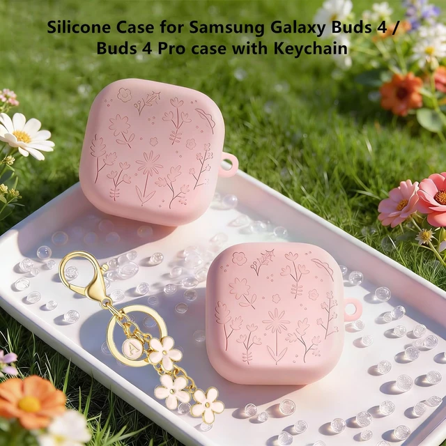 Alt view image 4 of 7 - for Samsung Galaxy Buds4 / 4Pro Cute Case Cover with Keychain for Women Girl, Engraved Flower Soft Silicone Galaxy Buds 4 / Buds 4 Pro Protective Cover Skin (Pink)