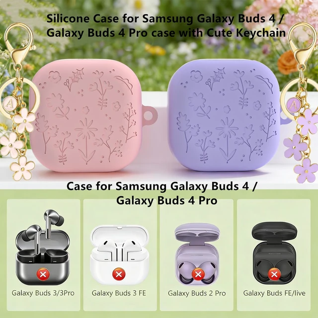 Alt view image 5 of 7 - for Samsung Galaxy Buds4 / 4Pro Cute Case Cover with Keychain for Women Girl, Engraved Flower Soft Silicone Galaxy Buds 4 / Buds 4 Pro Protective Cover Skin (Pink)
