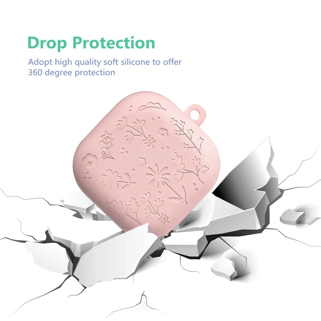 Alt view image 6 of 7 - for Samsung Galaxy Buds4 / 4Pro Cute Case Cover with Keychain for Women Girl, Engraved Flower Soft Silicone Galaxy Buds 4 / Buds 4 Pro Protective Cover Skin (Pink)