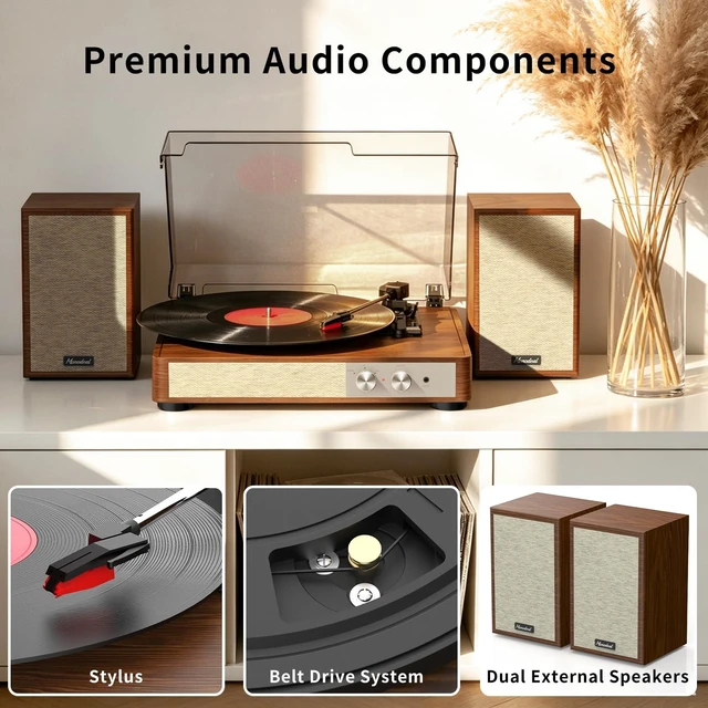 Alt view image 2 of 7 - Vinyl Record Player HiFi System with 24 W Bookshelf Speakers 3.5 inch woofer and 1.5 inch tweeter 3-speed belt drive anti-shock design Bluetooth 5.3 and RCA output