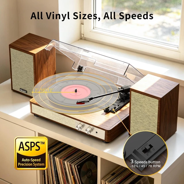 Alt view image 3 of 7 - Vinyl Record Player HiFi System with 24 W Bookshelf Speakers 3.5 inch woofer and 1.5 inch tweeter 3-speed belt drive anti-shock design Bluetooth 5.3 and RCA output