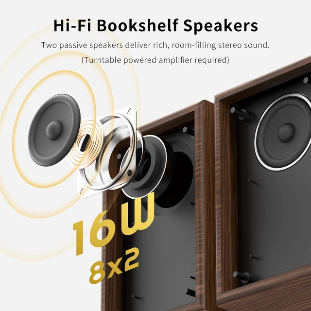 Alt view image 4 of 7 - Vinyl Record Player HiFi System with 24 W Bookshelf Speakers 3.5 inch woofer and 1.5 inch tweeter 3-speed belt drive anti-shock design Bluetooth 5.3 and RCA output