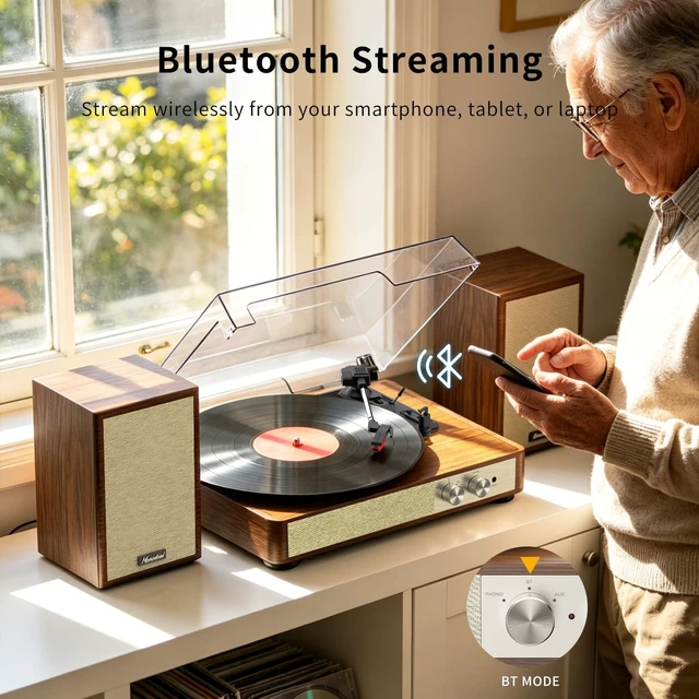 Alt view image 6 of 7 - Vinyl Record Player HiFi System with 24 W Bookshelf Speakers 3.5 inch woofer and 1.5 inch tweeter 3-speed belt drive anti-shock design Bluetooth 5.3 and RCA output