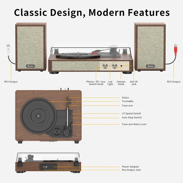 Alt view image 7 of 7 - Vinyl Record Player HiFi System with 24 W Bookshelf Speakers 3.5 inch woofer and 1.5 inch tweeter 3-speed belt drive anti-shock design Bluetooth 5.3 and RCA output