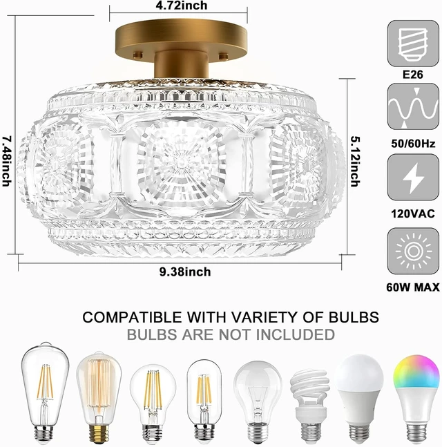 Alt view image 3 of 7 - Globe Glass Semi Flush Mount Ceiling Light Fixture, Vintage Gold