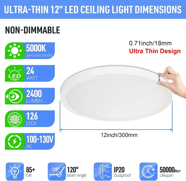 Alt view image 2 of 7 - SunRider LED Flush Mount Ceiling Light Fixture, 5000K Daylight White, 2400LM, 12 Inch 24W White Round Flat Bedroom Lights, 240W Equiv. Non-Dimmable