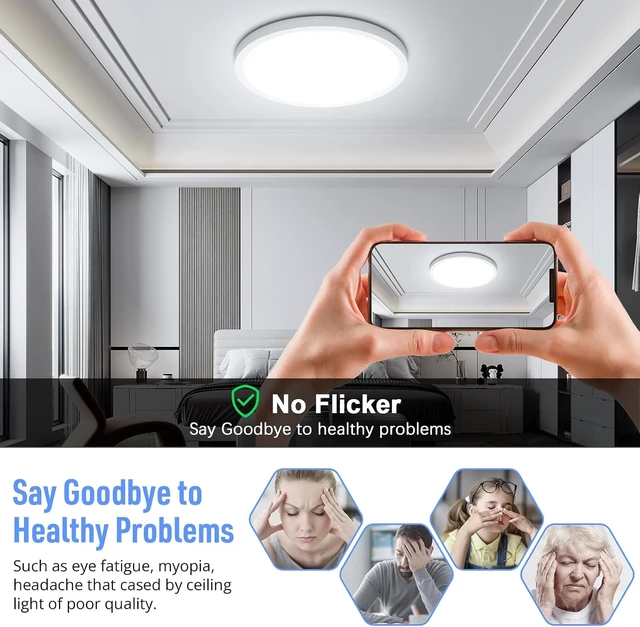 Alt view image 4 of 7 - SunRider LED Flush Mount Ceiling Light Fixture, 5000K Daylight White, 2400LM, 12 Inch 24W White Round Flat Bedroom Lights, 240W Equiv. Non-Dimmable