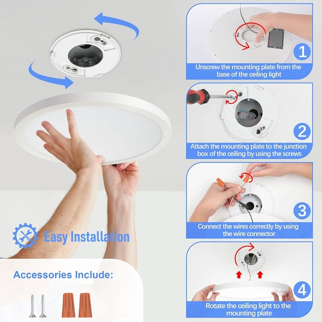Alt view image 7 of 7 - SunRider LED Flush Mount Ceiling Light Fixture, 5000K Daylight White, 2400LM, 12 Inch 24W White Round Flat Bedroom Lights, 240W Equiv. Non-Dimmable