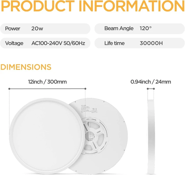 Alt view image 3 of 7 - TALOYA 2 Pack 12 Inch LED Flush Mount Ceiling Light Fixture,20W 5CCT