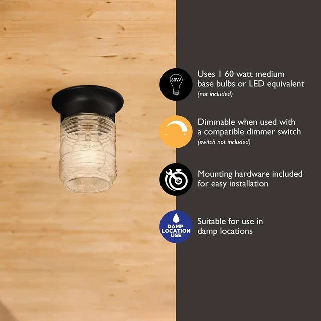 Alt view image 4 of 7 - Design House Jelly Jar Ceiling Light, Indoor/Outdoor, Flush Mount, Dimmable, Uses (1) 60W Bulb, Matte Black, 4.8 in. Diameter x 5.9 in. H, 587220