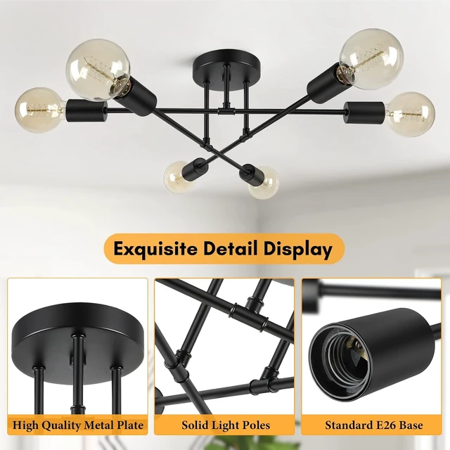 Alt view image 5 of 7 - Bosceos Modern Sputnik Chandelier, 6-Light Ceiling Lights Fixture 22" Black