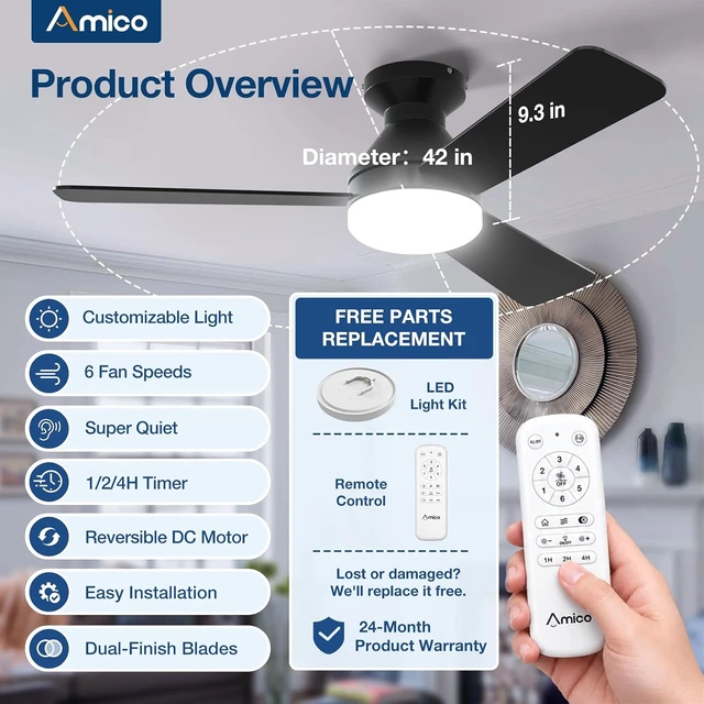 Alt view image 3 of 7 - Amico 42 Inch Black Low Profile Ceiling Fans with Lights and Remote