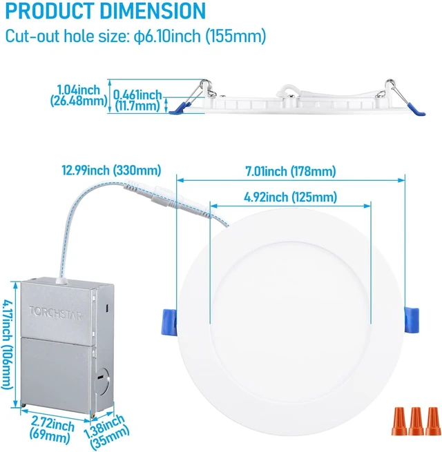 Alt view image 6 of 7 - TORCHSTAR 6-Pack 6 Inch Ultra-Thin LED Recessed Light, CRI90 12W, 5000K