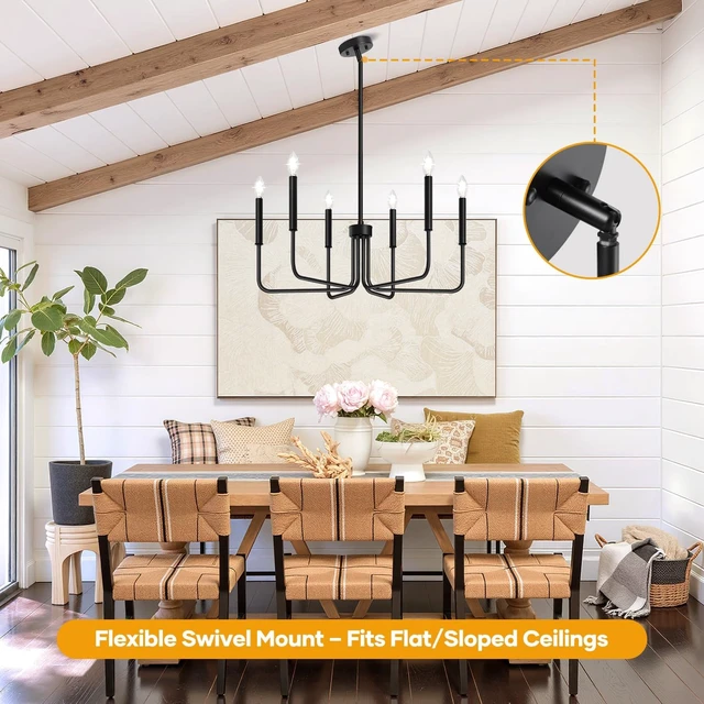 Alt view image 4 of 7 - Black Chandelier, 6-Light Farmhouse Chandelier for Dining Room Lighting Fixtures Hanging, Industrial Modern Chandelier for Bedroom, Foyer, Hall, Kitchen, Living Room, Entryway (No Assembly Required)