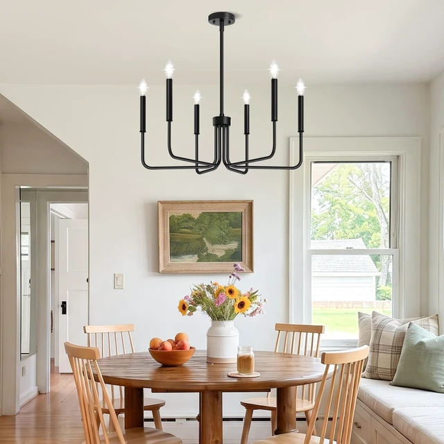 Alt view image 5 of 7 - Black Chandelier, 6-Light Farmhouse Chandelier for Dining Room Lighting Fixtures Hanging, Industrial Modern Chandelier for Bedroom, Foyer, Hall, Kitchen, Living Room, Entryway (No Assembly Required)