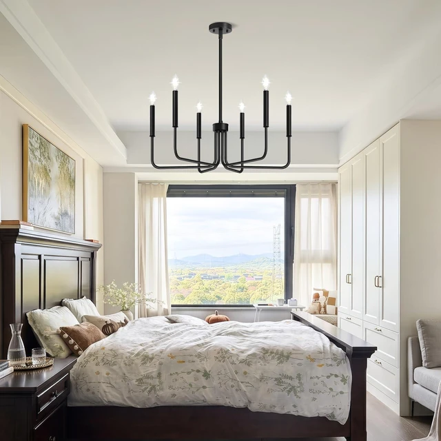Alt view image 7 of 7 - Black Chandelier, 6-Light Farmhouse Chandelier for Dining Room Lighting Fixtures Hanging, Industrial Modern Chandelier for Bedroom, Foyer, Hall, Kitchen, Living Room, Entryway (No Assembly Required)