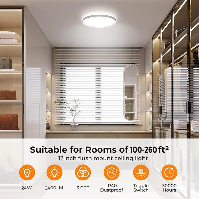 Alt view image 3 of 7 - BLNAN LED Flush Mount Ceiling Light, 12 Inch 24W 3000K/4000K/5000K Hardwire Light Fixture, Ultra Thin Round White Lamp for Kitchen Porch Bedroom Hallway Stairwell Basement, Non-dimmable 1 Pack