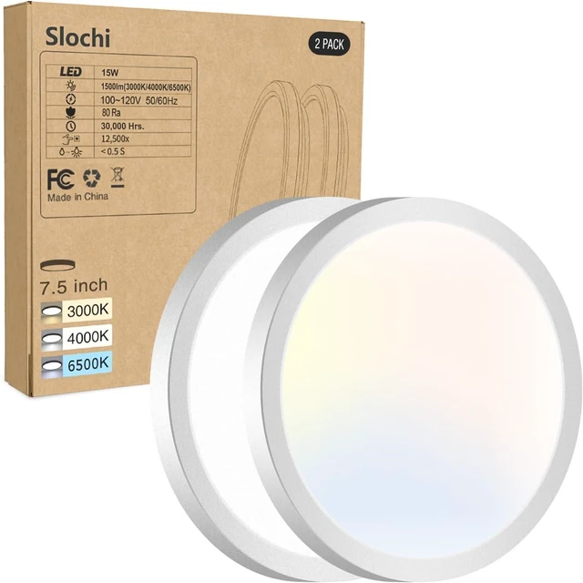 Main image of 2PACK LED Flush Mount Ceiling Light Fixture, 3000K-4000K-6500K & 100W Equivalent Modern Kitchen Recessed Ceiling Lamp 15W 1500Lm 7.5 Inch Closet Round Surface for Bathroom Laundry Bedroom Hallway