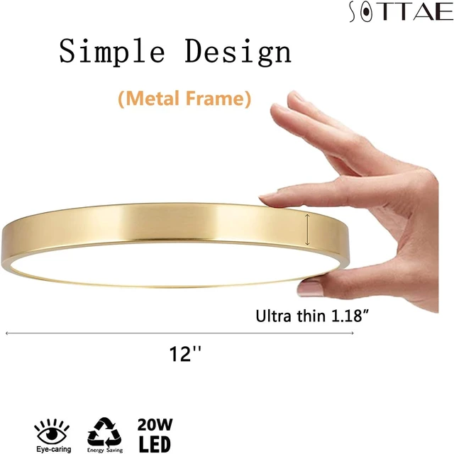 Alt view image 3 of 7 - SOTTAE 12 Inch Brushed Gold Metal Flush Mount LED Ceiling Light, 3000-5000K 20W Thin Round Modern Low Profile Ceiling Light Fixtures for Bedroom, Living Room, Kitchen, Entryway, Bathroom