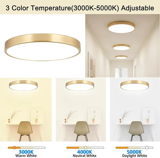 Alt view image 4 of 7 - SOTTAE 12 Inch Brushed Gold Metal Flush Mount LED Ceiling Light, 3000-5000K 20W Thin Round Modern Low Profile Ceiling Light Fixtures for Bedroom, Living Room, Kitchen, Entryway, Bathroom