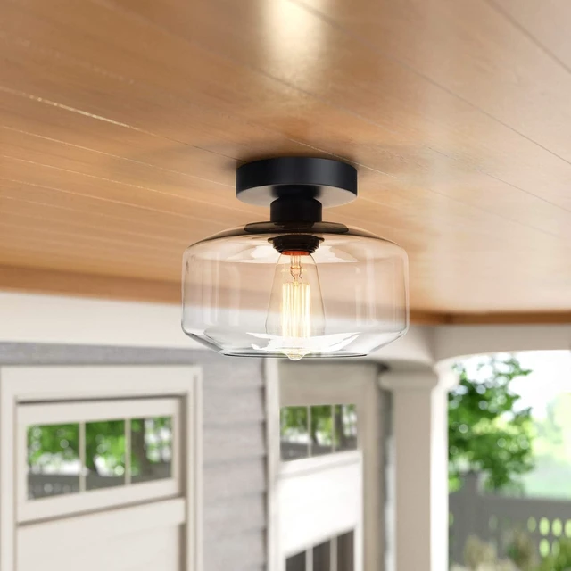 Alt view image 2 of 7 - MAXvolador Industrial Semi Flush Mount Ceiling Light, Clear Glass Pendant Lamp Shade, Farmhouse Lighting for Hallway, Vintage Hanging Light Fixtures