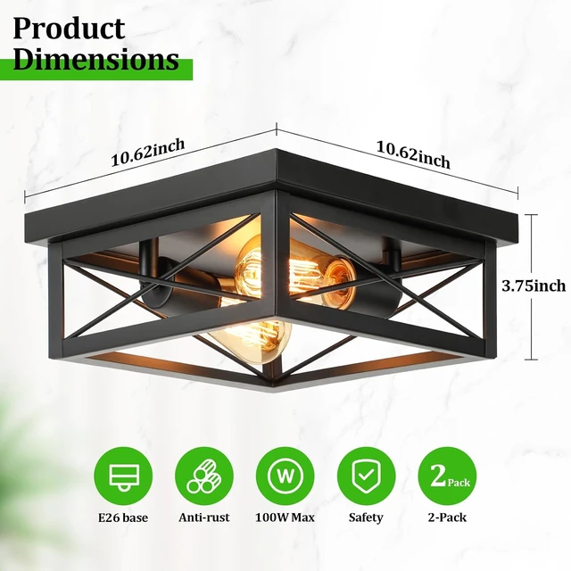 Alt view image 3 of 7 - Kondras Modern 2-Light Industrial Square Flush Mount Ceiling Light, Black