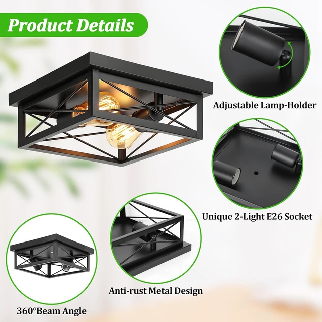 Alt view image 4 of 7 - Kondras Modern 2-Light Industrial Square Flush Mount Ceiling Light, Black