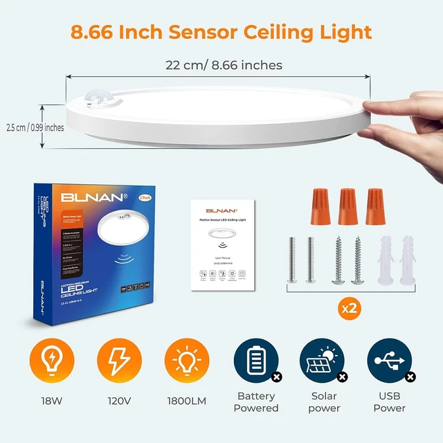 Alt view image 7 of 7 - BLNAN Motion Sensor Ceiling Light Wired, 8.7 Inch 3000K 4000K 5000K Selectable LED Flush Mount Light Fixture, Motion Activated Light with Timer for Hallway Stair Walk-in Closet, Non-Dimmable 2 Pack