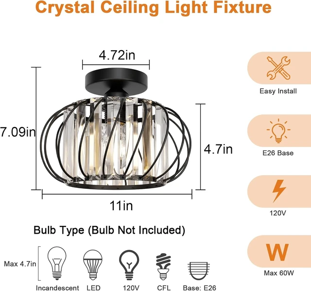 Alt view image 7 of 7 - Black Crystal Ceiling Light Fixture - Small Crystal Chandelier Semi Flush Mount Ceiling Light Modern Hallway Lights fixtures for Entryway Bedroom Porch Kitchen (11 Inch, Bulb not Included)
