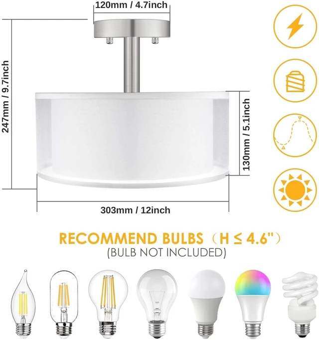 Alt view image 2 of 7 - 3-Light Semi Flush Mount Ceiling Light Fixture, Drum Light Ceiling Lighting