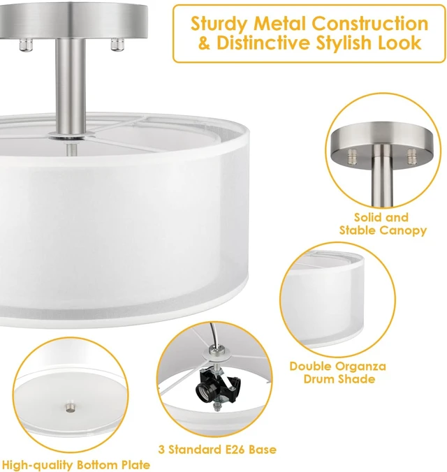 Alt view image 3 of 7 - 3-Light Semi Flush Mount Ceiling Light Fixture, Drum Light Ceiling Lighting