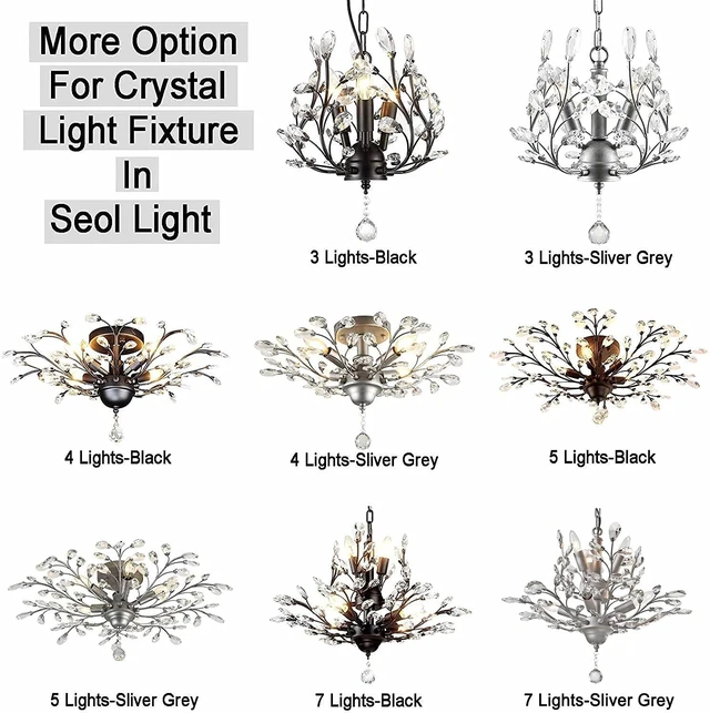 Alt view image 6 of 6 - SEOL-Light Vintage Large Crystal Branches Chandeliers Black Close to Ceiling Light Flush Mount Fixture with 5 Light 200W 31.5" Dia;