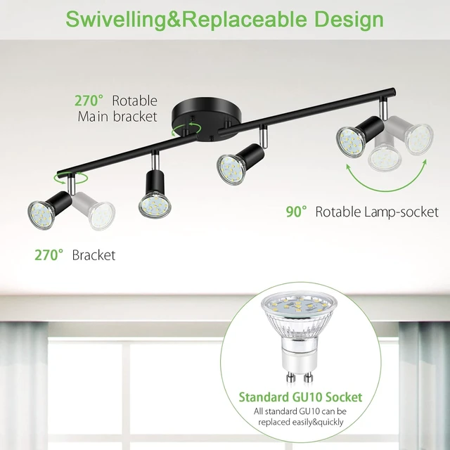Alt view image 2 of 7 - Unicozin LED 4 Light Track Lighting Kit, 24.8'' Black 4 Way Ceiling Spot Lighting, Flexibly Rotatable Head, Track Light Included 4 x LED GU10 Bulb (4W, Daylight White 5000K, 400LM)
