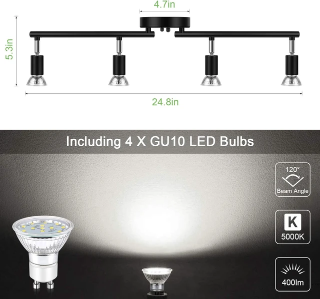 Alt view image 3 of 7 - Unicozin LED 4 Light Track Lighting Kit, 24.8'' Black 4 Way Ceiling Spot Lighting, Flexibly Rotatable Head, Track Light Included 4 x LED GU10 Bulb (4W, Daylight White 5000K, 400LM)