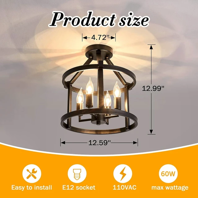 Alt view image 2 of 7 - UOFUS Metal Semi Flush Mount Ceiling Light Fixture 4 Candle Holder Matte Chandelier Farmhouse Ceiling Lamp for Dining Room Bedroom Kitchen Hallway EntrywayBlack