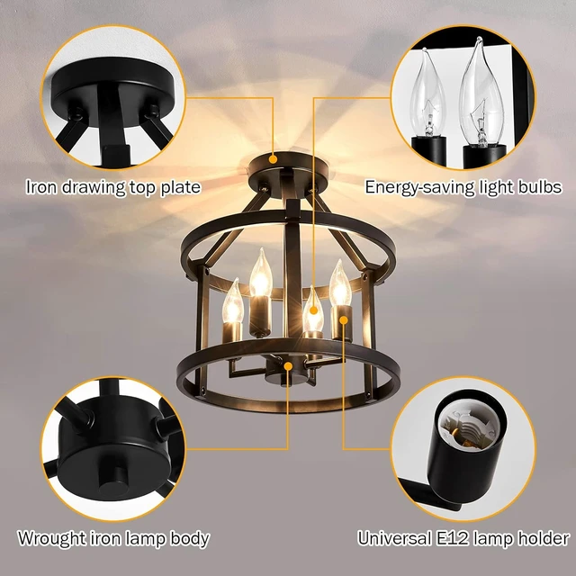 Alt view image 4 of 7 - UOFUS Metal Semi Flush Mount Ceiling Light Fixture 4 Candle Holder Matte Chandelier Farmhouse Ceiling Lamp for Dining Room Bedroom Kitchen Hallway EntrywayBlack