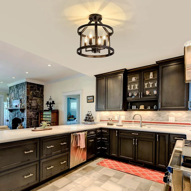 Alt view image 6 of 7 - UOFUS Metal Semi Flush Mount Ceiling Light Fixture 4 Candle Holder Matte Chandelier Farmhouse Ceiling Lamp for Dining Room Bedroom Kitchen Hallway EntrywayBlack
