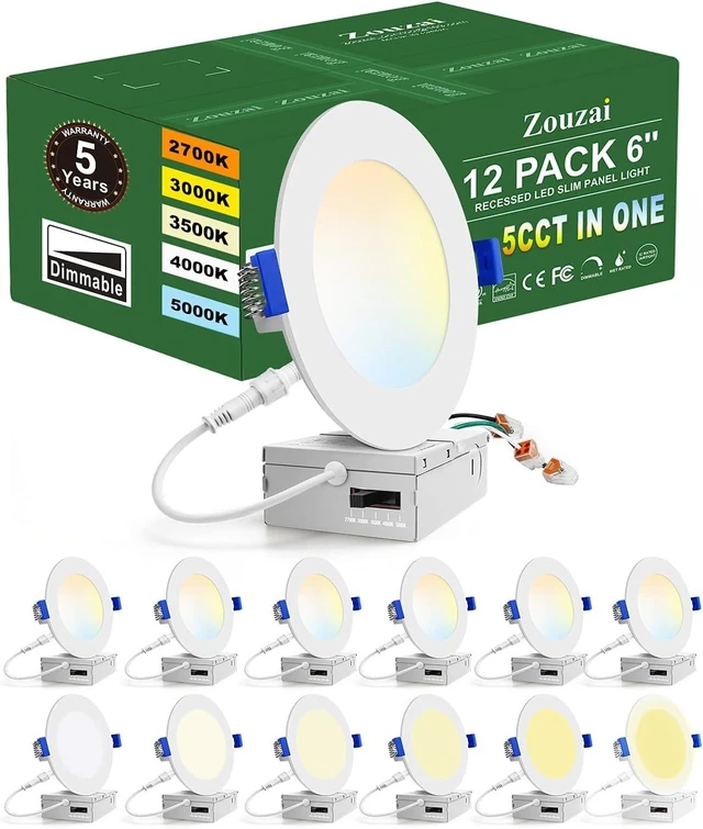 Main image of zouzai 12 Pack 6 Inch LED Recessed Ceiling Light, 12W=110W, 5CCT, Dimmable