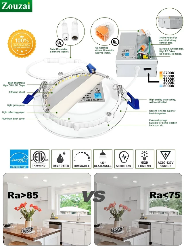 Alt view image 4 of 7 - zouzai 12 Pack 6 Inch LED Recessed Ceiling Light, 12W=110W, 5CCT, Dimmable