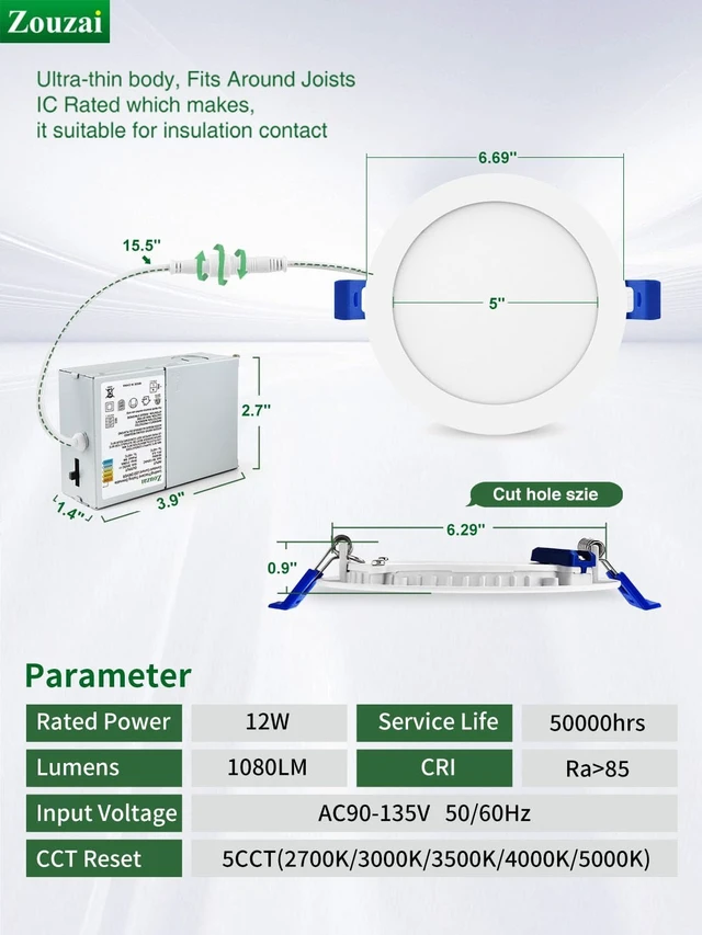 Alt view image 5 of 7 - zouzai 12 Pack 6 Inch LED Recessed Ceiling Light, 12W=110W, 5CCT, Dimmable