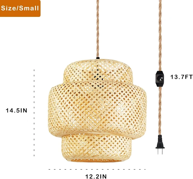 Alt view image 5 of 7 - Plug in Pendant Light Rattan Hanging Lights with Plug in Cord Bamboo Hanging Lamp Dimmable,Handmade Woven Boho Wicker Basket Lamp Shade,Plug in Ceiling Light Fixture for Living Room Bedroom Kitchen