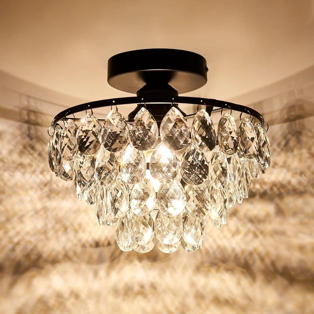 Main image of YYJLX Modern Small Crystal Ceiling Light Fixture Mini Black Semi Flush Mount Chandelier Light Fixture for Hallway Bedroom Bathroom Closet e26