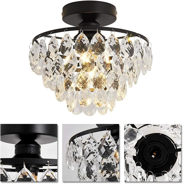 Alt view image 4 of 7 - YYJLX Modern Small Crystal Ceiling Light Fixture Mini Black Semi Flush Mount Chandelier Light Fixture for Hallway Bedroom Bathroom Closet e26