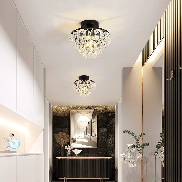 Alt view image 6 of 7 - YYJLX Modern Small Crystal Ceiling Light Fixture Mini Black Semi Flush Mount Chandelier Light Fixture for Hallway Bedroom Bathroom Closet e26