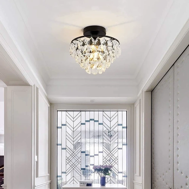 Alt view image 7 of 7 - YYJLX Modern Small Crystal Ceiling Light Fixture Mini Black Semi Flush Mount Chandelier Light Fixture for Hallway Bedroom Bathroom Closet e26
