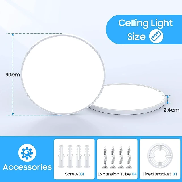 Alt view image 4 of 6 - Flush Mount Ceiling Light Fixtures,12inch Flat led Light for Ceiling,6500K 3200LM Ultra Thin Round White Lamp for Bedroom Kitchen,Bathroom,Garage,Living Room, Dining Room - 2PCS