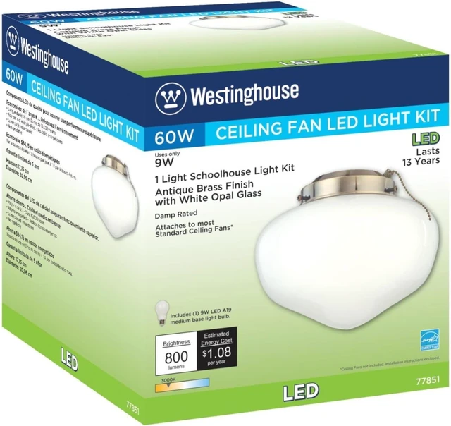Alt view image 3 of 7 - Westinghouse 7785100 LED Schoolhouse Indoor/Outdoor Energy Star Ceiling Fan Light Kit, Antique Brass Finish with White Opal Glass