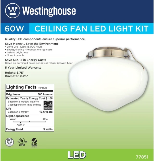 Alt view image 4 of 7 - Westinghouse 7785100 LED Schoolhouse Indoor/Outdoor Energy Star Ceiling Fan Light Kit, Antique Brass Finish with White Opal Glass