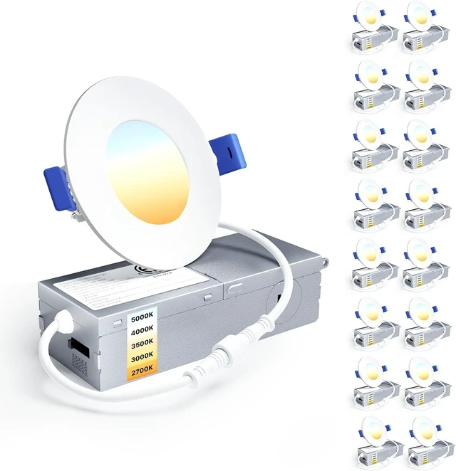Main image of Ensenior 16 Pack 3 Inch LED Recessed Ceiling Light, Dimmable, 2700K-5000K 5CCT, 500LM 6W 120V, High Brightness Canless Wafer Downlight - ETL&FCC&IC